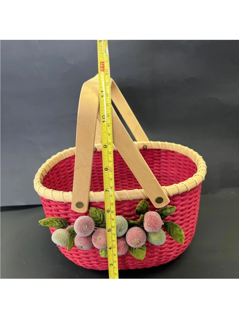 Vintage Red Woven Peterboro Oval Basket With Sugared Fruit & Double Handles 10”